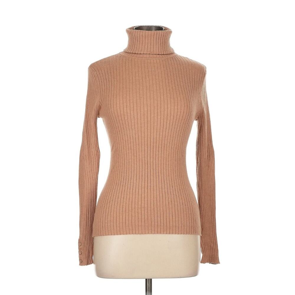 J McLaughlin Ribbed Camel Turtleneck Sweater Large Cotton Modal Slim Fit Knit